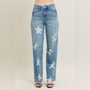 Judy Blue High Waist  Rigid Magic Star Shaped Destroy 90's Straight Jeans